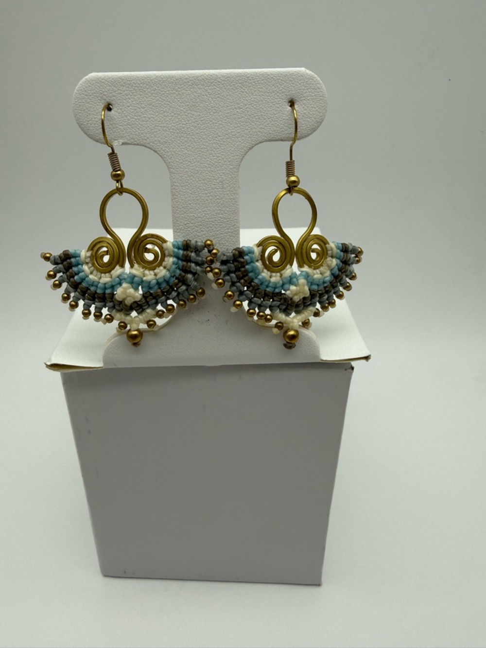 Handmade in Thailand Blue and White Beaded Fan Drop Earrings